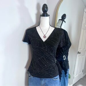 Vintage Black Flutter Sleeve Shimmery V-Neck Blouse With Buckle Detail